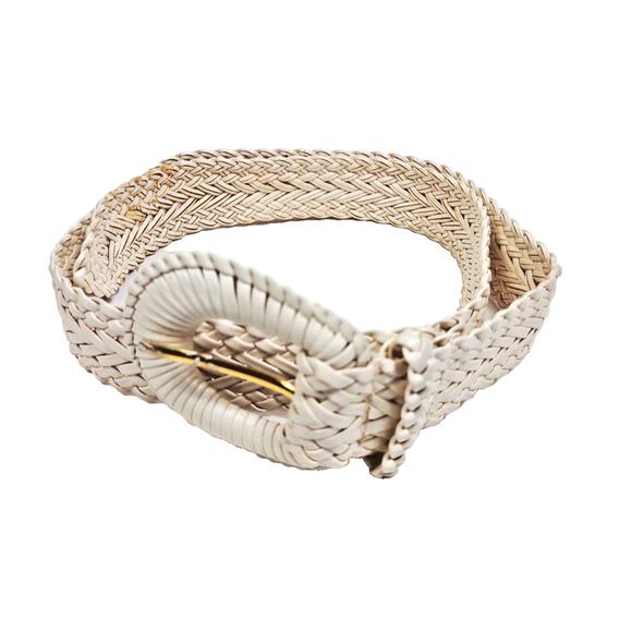 Vintage White Woven Braided Dress Belt Retro Women's Sz M Covered Buckle 34" - Picture 1 of 7
